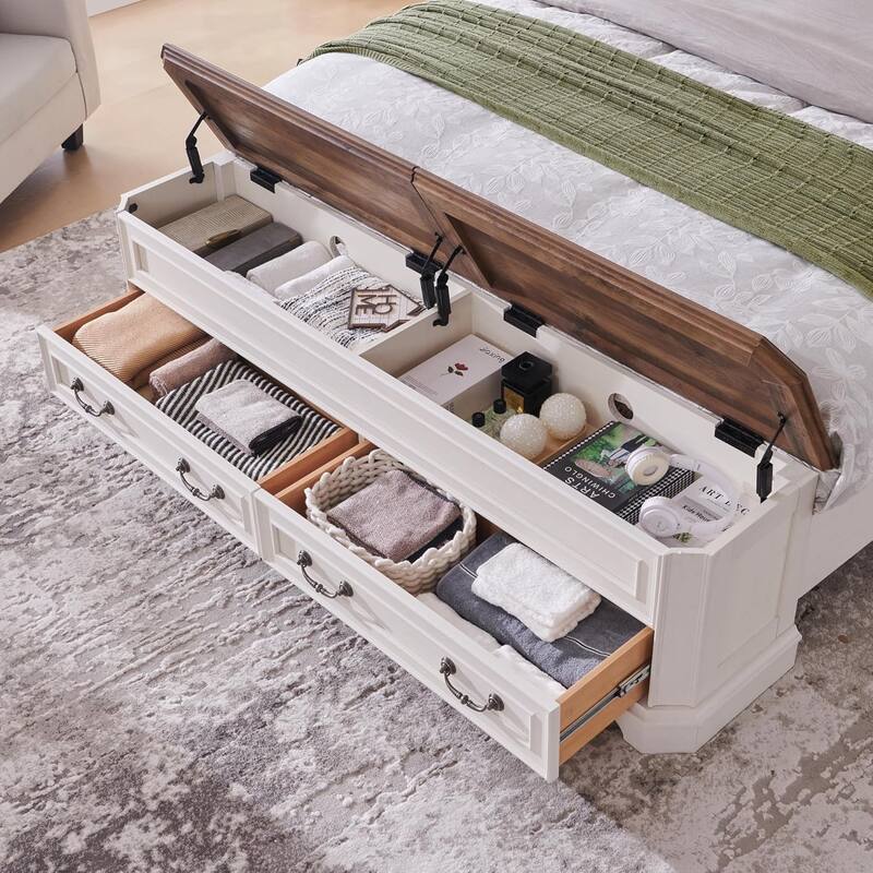 Farmhouse Bed Frame w/ Headboard & Storage Bench, Wood Platform Bed