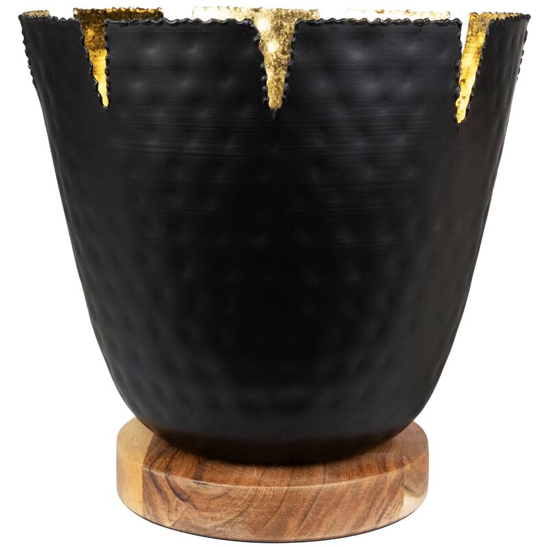 Iron and Foil Pillar Candle Holder with Wooden Base - 9.25" - Black and Gold
