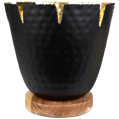 Iron and Foil Pillar Candle Holder with Wooden Base - 9.25" - Black and Gold