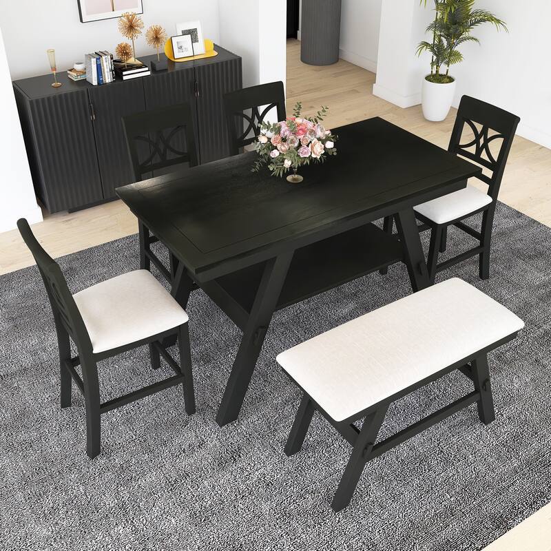 6-Piece Wood Counter Height Dining Table Set with Bench and 4 Chairs