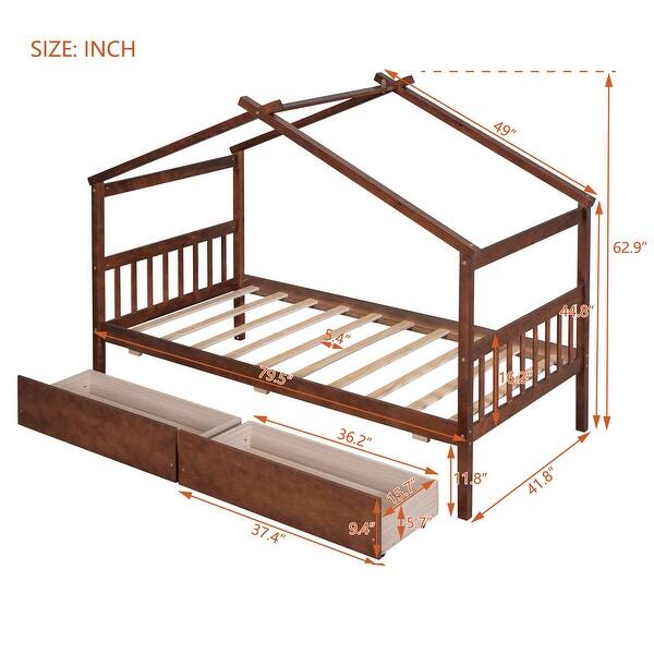 dimension image slide 0 of 4, Twin Size Wooden House Platform Bed with 2 Drawers, Wood Bed Frame with Roof and Safety Guardrail for Kids Teens Boys Girls