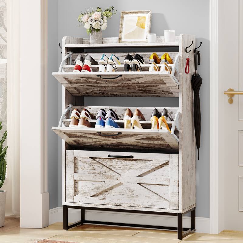 Moasis Farmhouse Flip Shoe Cabinet Shoe Storage Cabinet with 3 Flip Doors Adjustable Shelf - 31.4"L x 8.8"W x 53.1"H