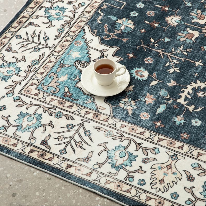 Glitzhome Machine Washable Boho Floral Medallion Area Rugs 5' x 8'