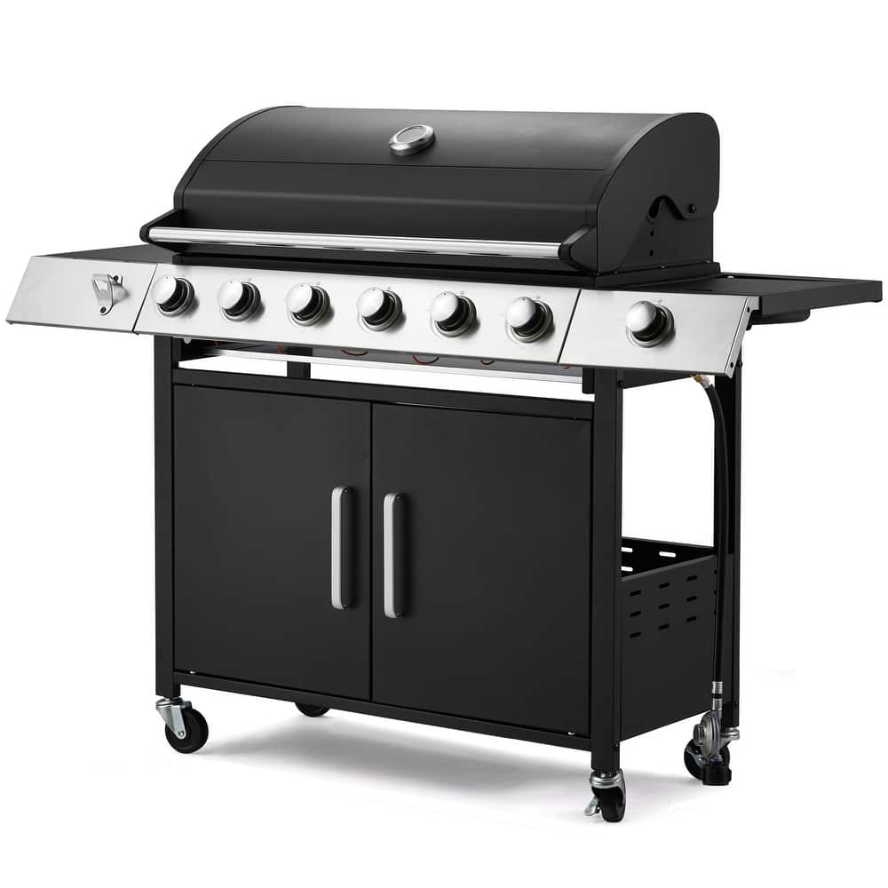 Outdoor Propane Gas Grill with Side Burner, Cast Iron Grates, Storage Cabinet, Easy Clean for Backyard & Patio.