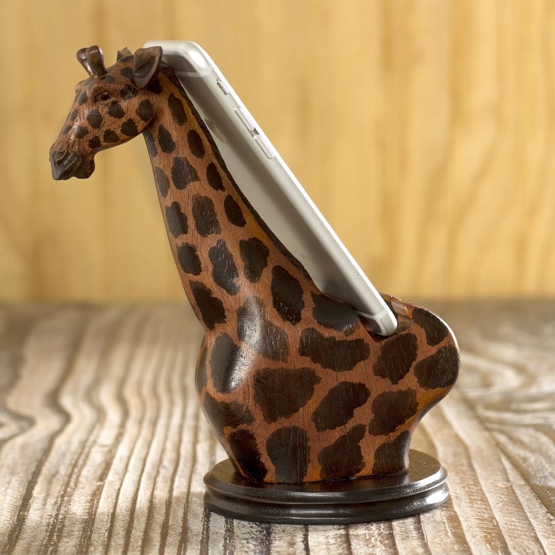 Novica Handmade Elegant Giraffe Wood Cellphone Holder
