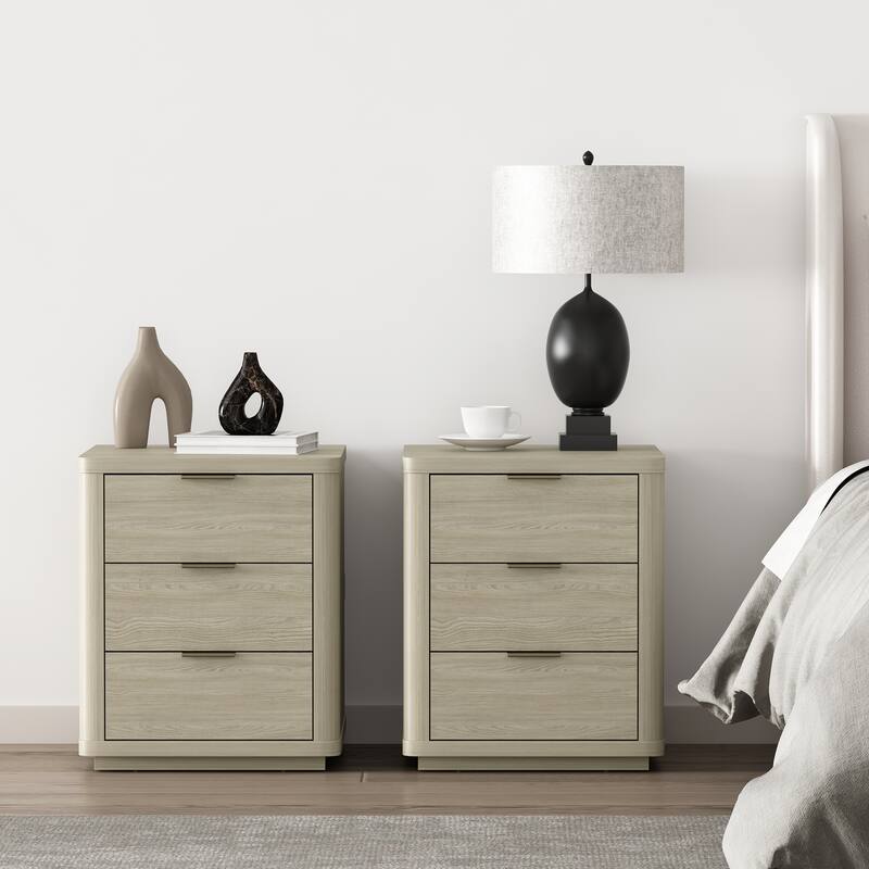 Manhattan Comfort Evelyn 3 Drawer Modern Nightstand Set of 2 - Natural