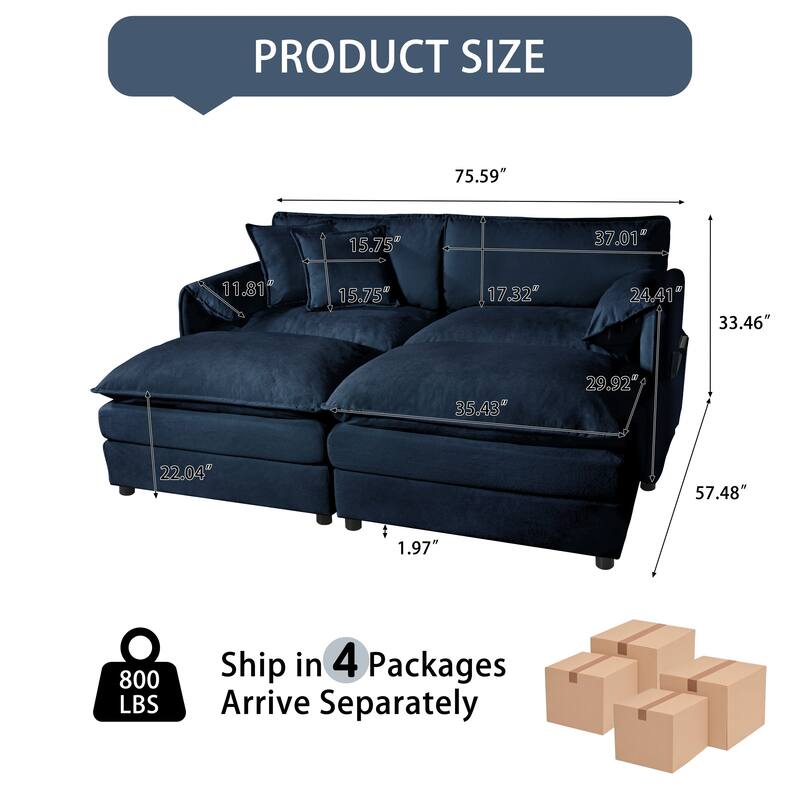 75.59" Chenille Upholstered 2-Seater Sleeper Modular Sectional Sofa with Double-Layer Cushions, DIY Combination