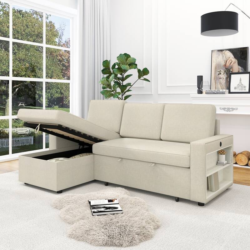 85.8" Pull Out Sleeper Sofa With USB Port And T-pyce Port