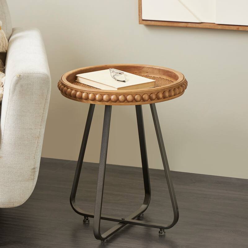 Brown Wood Beaded Side End Accent Table with Rounded Gray Metal Base and Rattan Accent - Brown