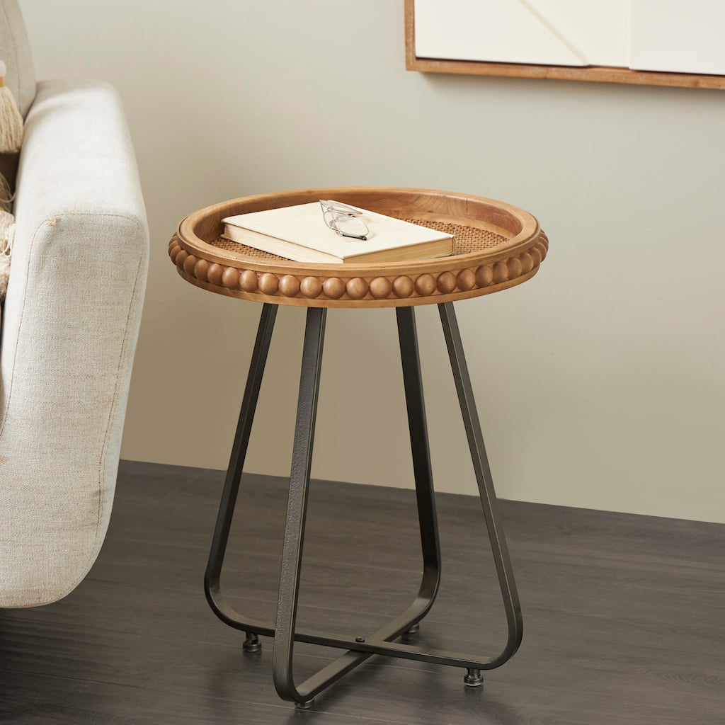 Brown Wood Beaded Side End Accent Table with Rounded Gray Metal Base and Rattan Accent