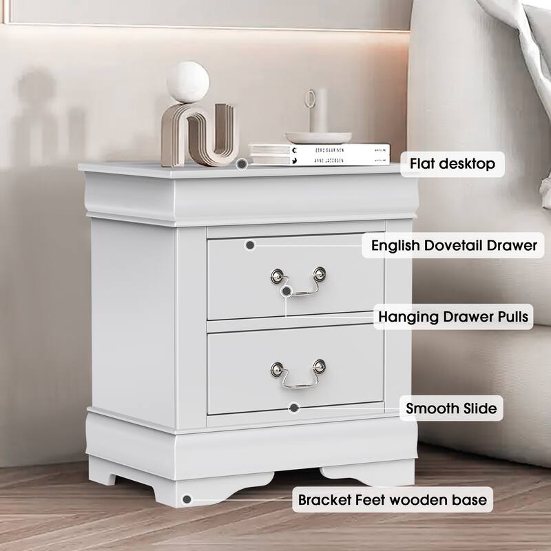 Modern White Solid Wood 2-Drawer Nightstand Bedside Table