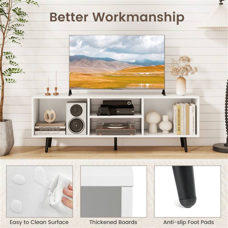 Modern White and Black TV Stand with Side Compartments and Middle Shelf Storage Console for TVs up to 55 Inches