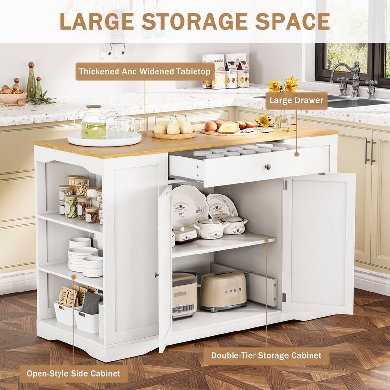 53" Mobile Kitchen Island Cart with Trash Can Cabinet, Spice Rack, Drawer & Towel Bar