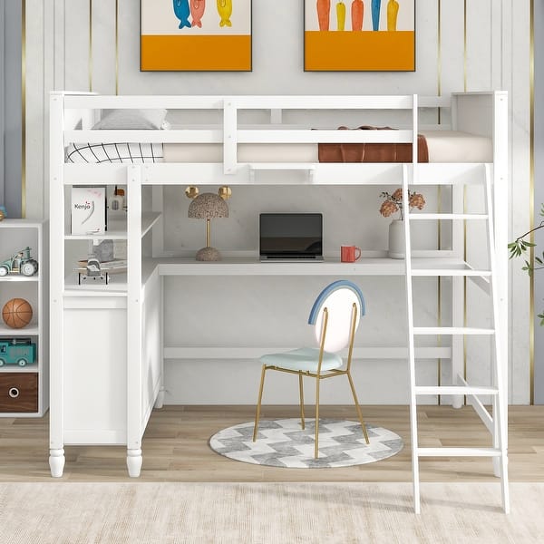 slide 2 of 18, Elegant Design Loft Bed with Shelves, Drawers and Desk, Health and Comfort, Full Size, White White