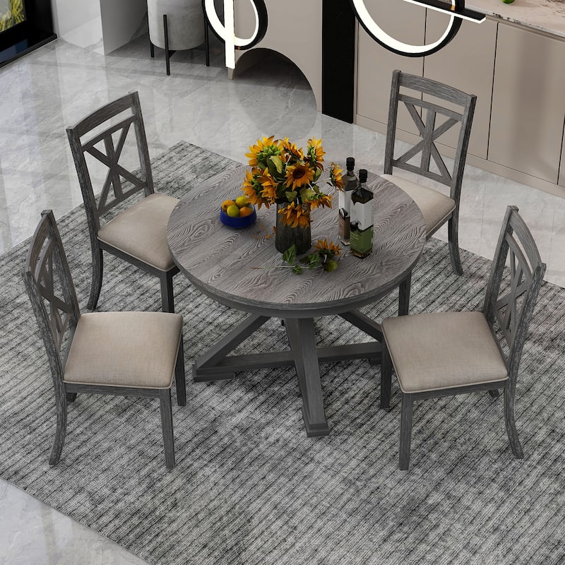 Retro 5-Piece Dining Table Set with Extendable Round Table and Upholstered Chairs for Dining Room - Grey