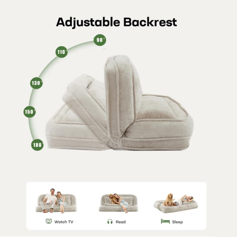Pet Friendly Lazy Loveseat Sofa 2-in-1 Chenille Floor Couch Double Human Sleeper Bed with 5 Adjustable Position, Plump Pillows