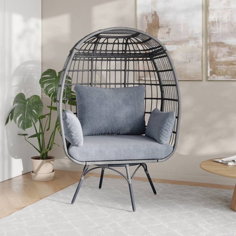 Commercial Indoor/Outdoor Wicker Swivel Lounge Chair with 4 Cushions - Gray Cushions/Gray Frame