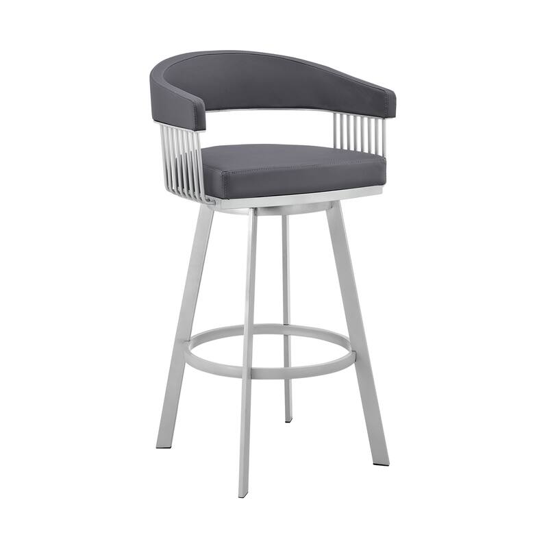 Modern Swivel Bar Stool with Slate Grey Faux Leather Seat, Silver Metal Base, 29 Inch Counter Height Kitchen Stool
