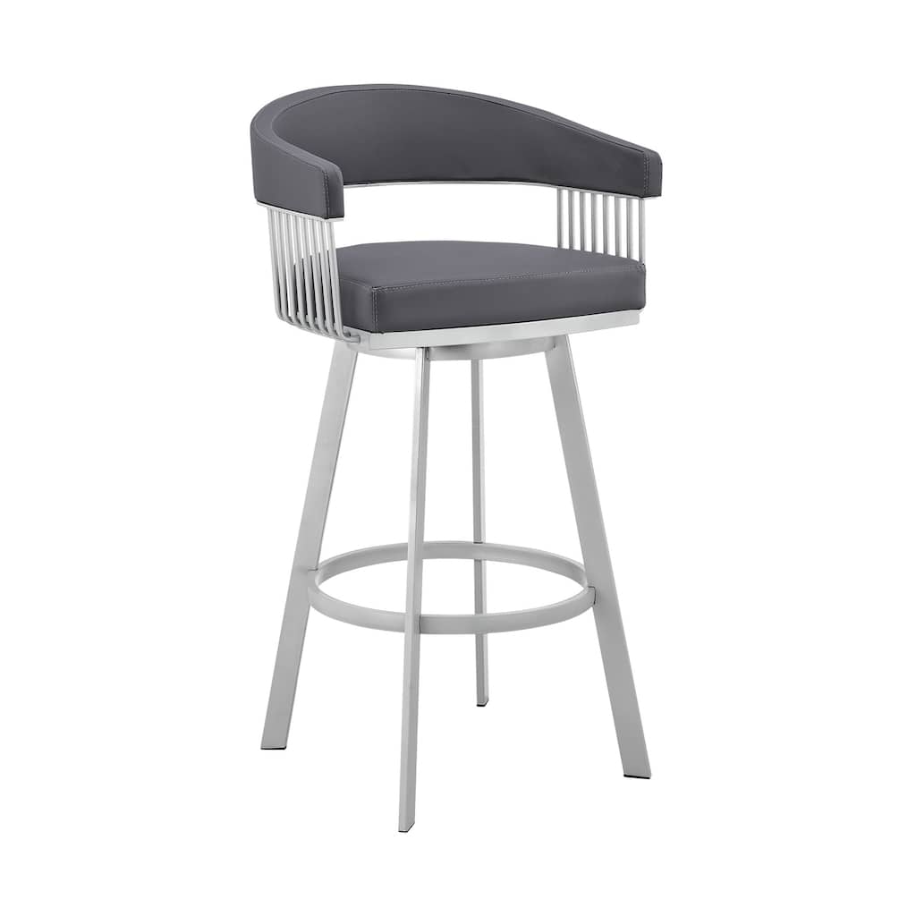 Modern Swivel Bar Stool with Slate Grey Faux Leather Seat, Silver Metal Base, 29 Inch Counter Height Kitchen Stool
