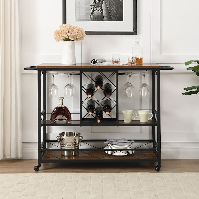 Myhozm Mobile Bar Cart Rolling Kitchen Serving Cart with Wine Bottle Rack