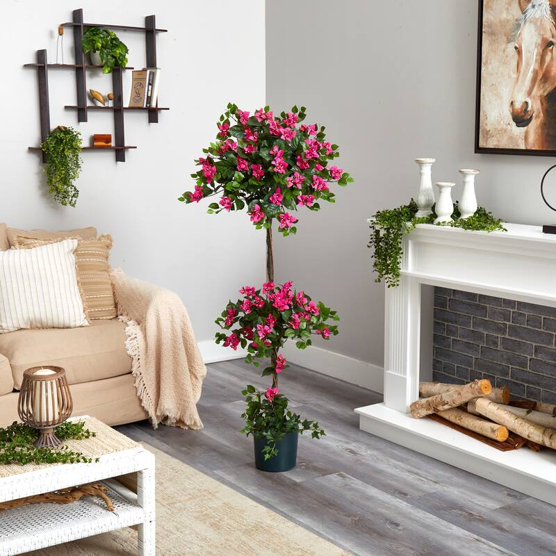 Artificial Bougainvillea Topiary Plant 5ft - Elegant Home Decor, Silk Green Pink Fake Tree - 5ft.
