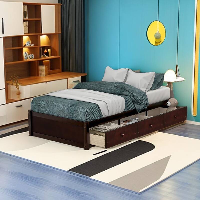 Twin Bed Large Size Platform Storage Bed with 3 Drawers Twin Bed with Under Bed Storage Drawers