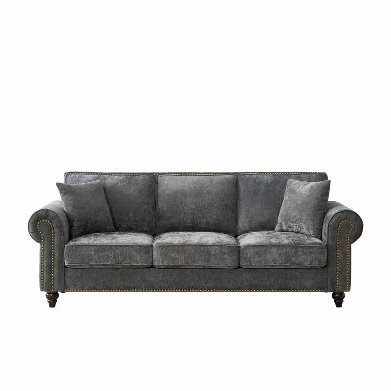 Chenille Upholstered 3 Seater Sofa, Oversized Sofa with Rolled Arms, Deep Seat Couch with Nailhead Trim & Wood Legs