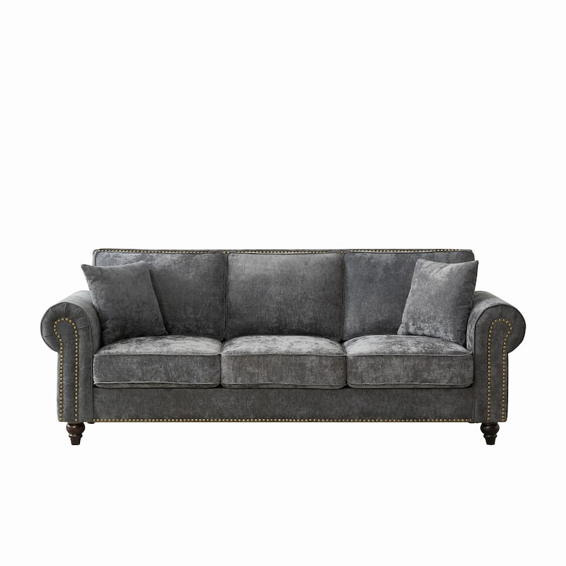 Living Room Deep Seat Rolled Arms Sofa Chenille Upholstered 3 Seater Couch with Wood Legs, Nailhead Trim and Pillows