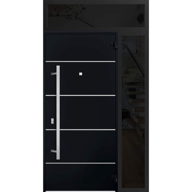 Front Prehung Steel Door 6083 Black Enamel Top Window Sidelite Stainless Inserts W36xH80+16 Lh I Bedroom Door Bathroom Door