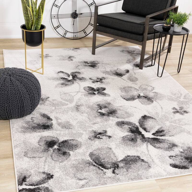 White Grey Neutral Flowers Frieze Area Rug