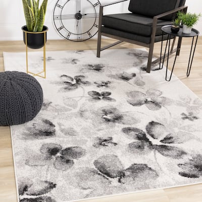 White Grey Neutral Flowers Frieze Area Rug
