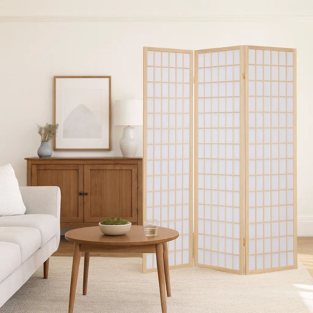 3 Panel Foldable Wooden Frame Room Divider with Grid Design, Brown