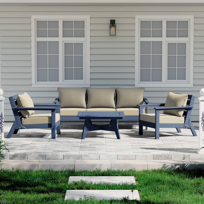 Birchwood All Weather HDPE Outdoor Patio Navy Blue Deep Seating Conversation Set (6-Piece Set) - Navy Blue/Beige