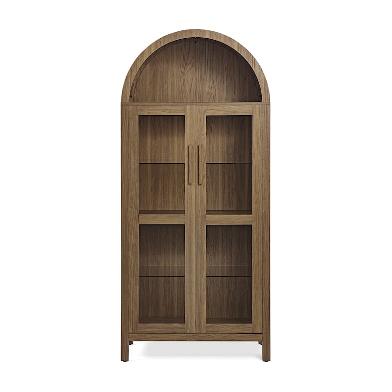 67" Arched Storage Cabinet with Glass Doors, Curio Display Cabinet with LED Strips, Adjustable Shelves, 4-Tier Wood Bookcase