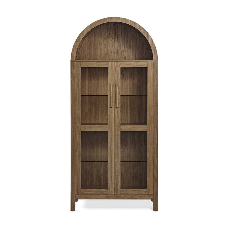 Roomfitters Arched Display Cabinet with Glass Doors, Modern Wooden Storage Cabinet with Adjustable Shelves for Entryway
