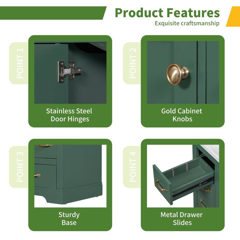 Freestanding Green Bathroom Cabinet Base - Ample Storage, Multi-Functional Drawers, Sink Not Included - 35.5in L