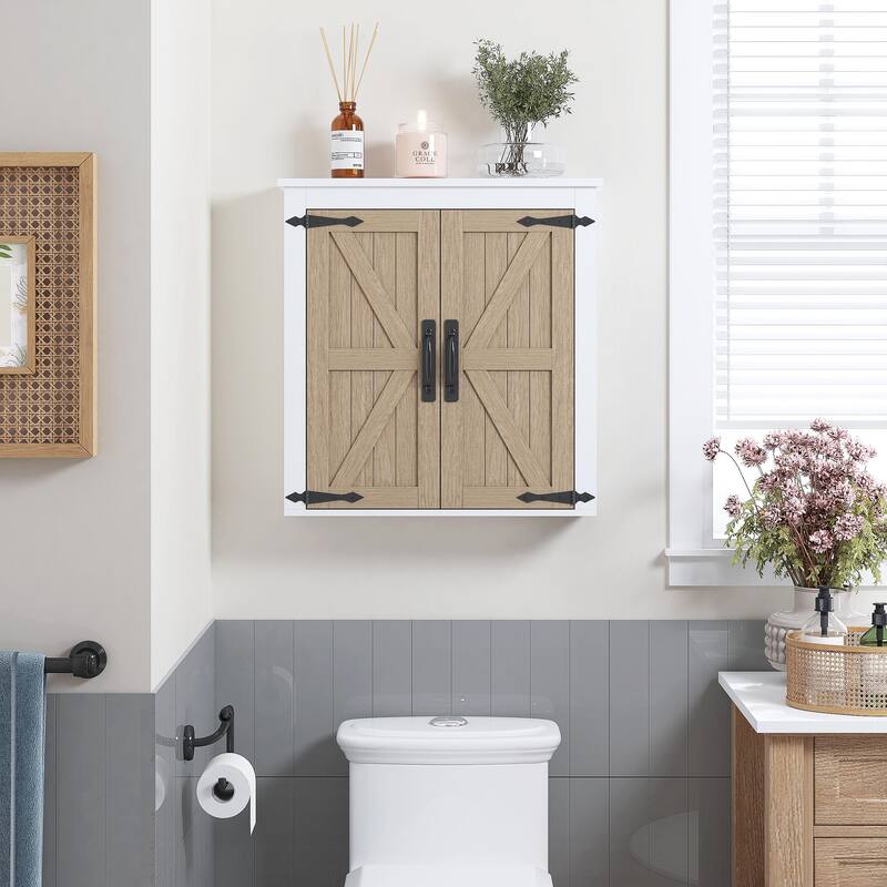 COSTARS Farmhouse Bathroom Wall Cabinet Over Toilet, Wood Grain Medicine Cabinet Organizer with Barn Doors & Adjustable Shelves