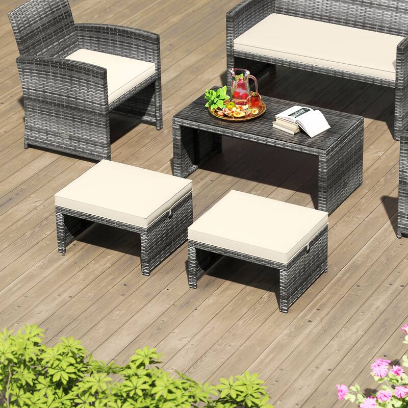 Gymax 2 Pieces Patio PE Rattan Ottomans with Soft Zippered Cushions