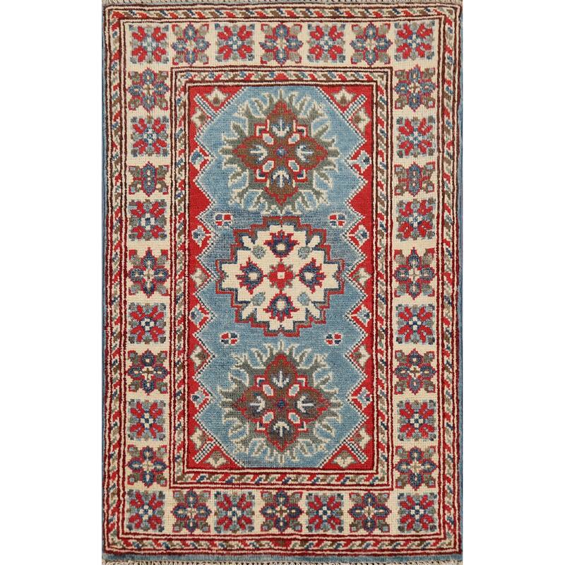 Blue Kazak Accent Rug Handmade Geometric Wool Carpet - 2'0" x 3'0"