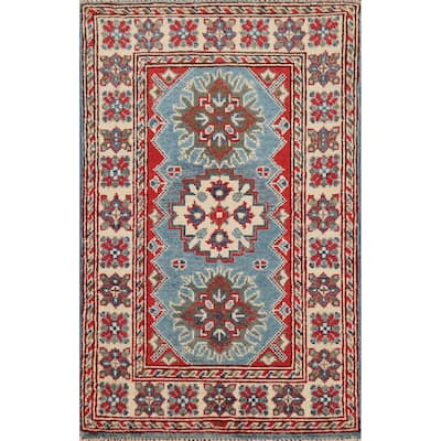 Blue Kazak Accent Rug Handmade Geometric Wool Carpet - 2'0" x 3'0"