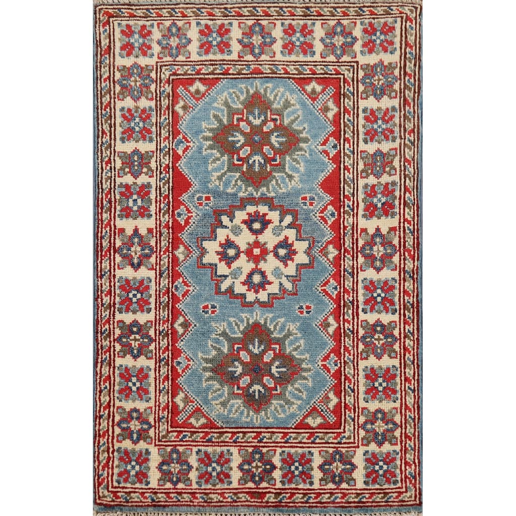 Blue Kazak Accent Rug Handmade Geometric Wool Carpet - 2'0" x 3'0"