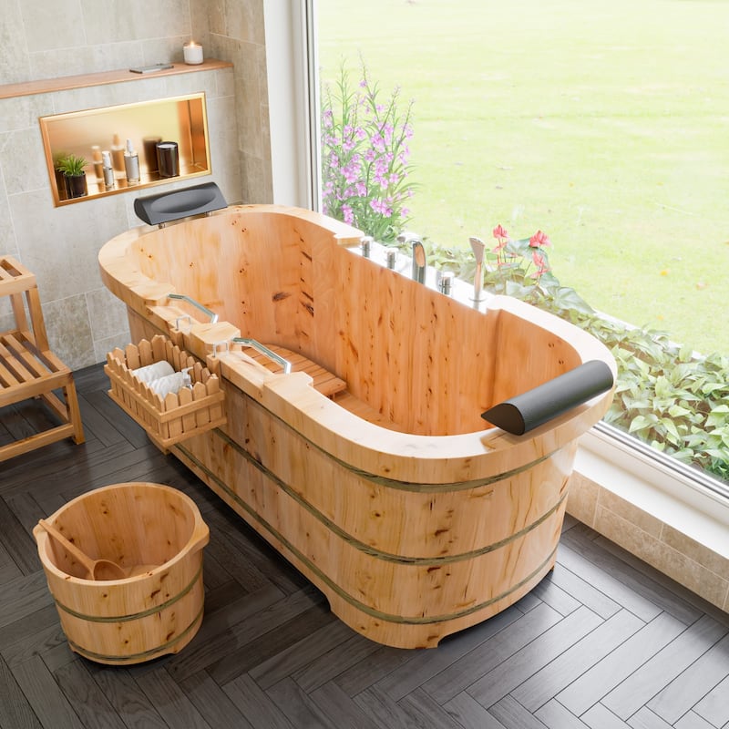 ALFI brand AB1130 65" 2 Person Free Standing Cedar Wooden Bathtub with Fixtures & Headrests - Brown