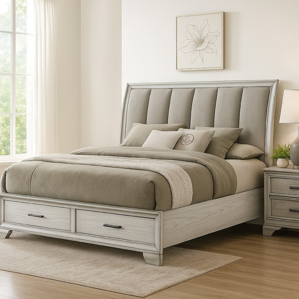 Jeni Queen Size Storage Bed, 2 Drawer Footboard, White Mist Upholstery
