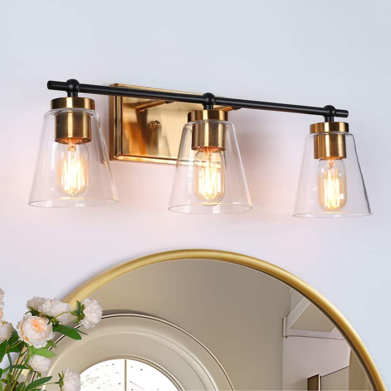 Modern 3/4-Light Black Gold Bathroom Vanity Lights Cone Glass Wall Sconce - W 22" x H 8" x D 6.5"