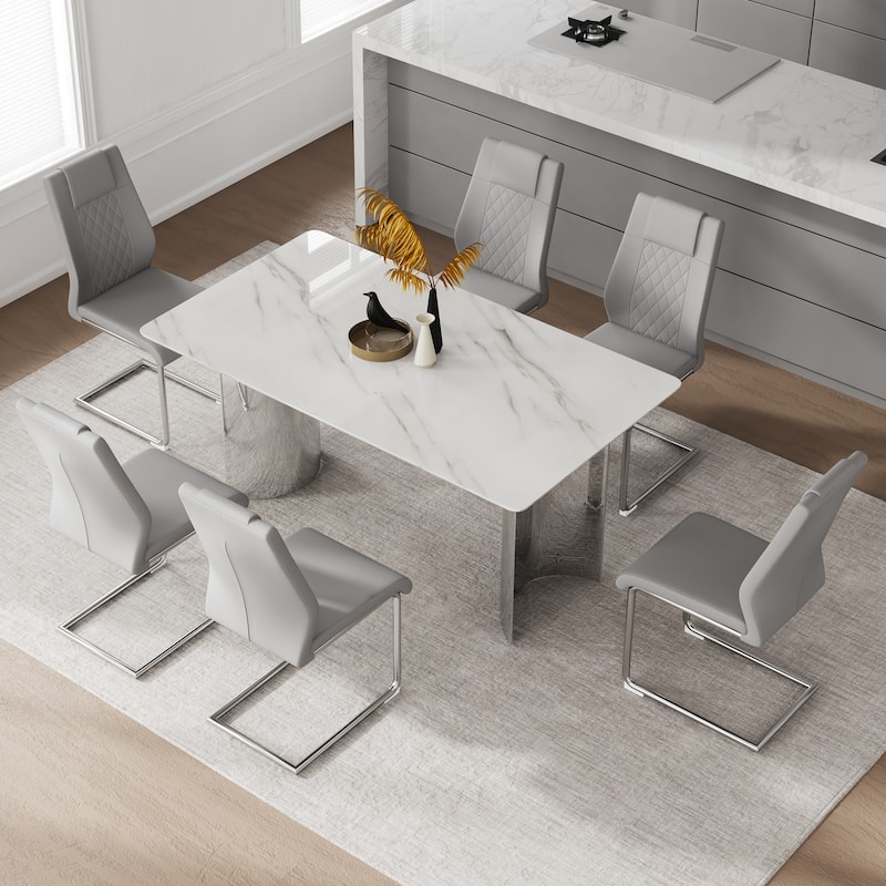 Modern 7-Piece Dining Table and Chair Set, 63" Faux Marble Glass Table with Stainless Steel Legs and PU Dining Chair