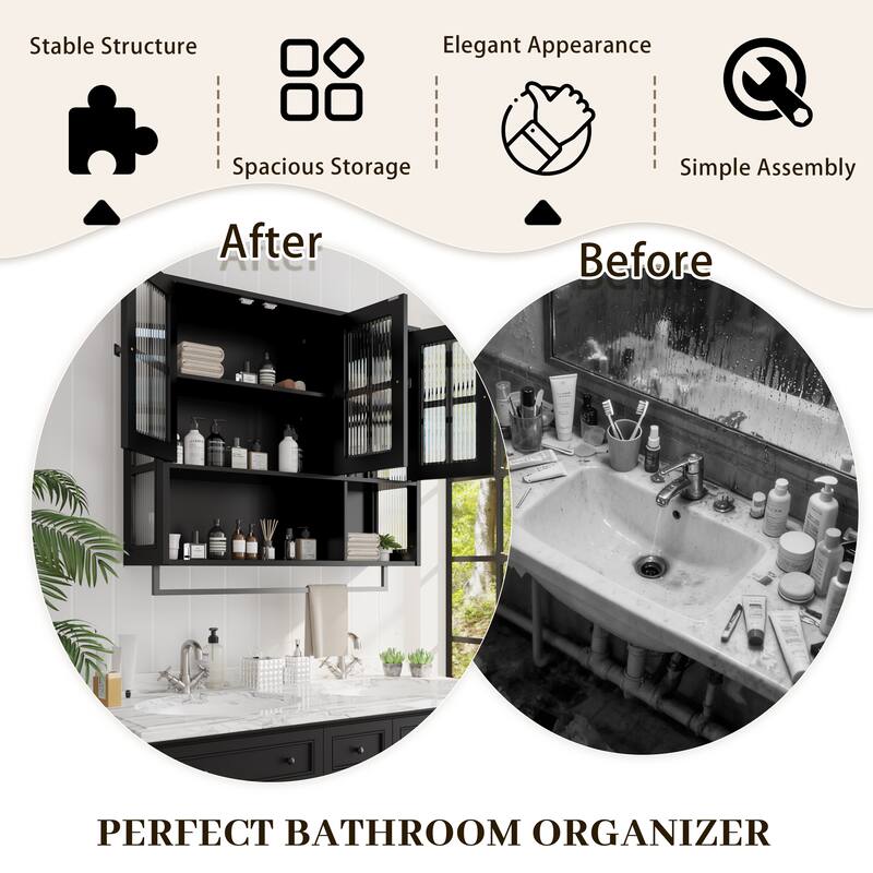 Bathroom Wall Cabinet,3-Door Wooden Cabinet with Open and Hidden Storage Space,Medicine Cabinet with Glass Door and Towel Bar