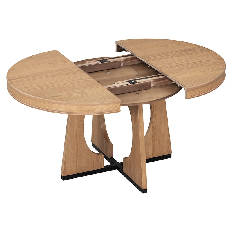 5-Piece Retro Dining Table Set, Extendable Round Table with Removable Leaf