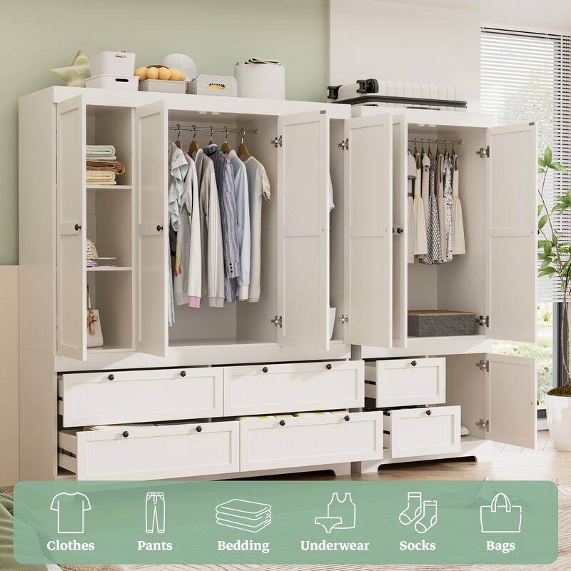 Gyomojoy Large White Wardrobe Closet with Drawers & Doors, Modular Armoire with Hanging Rods, Apartment & Dorm Storage