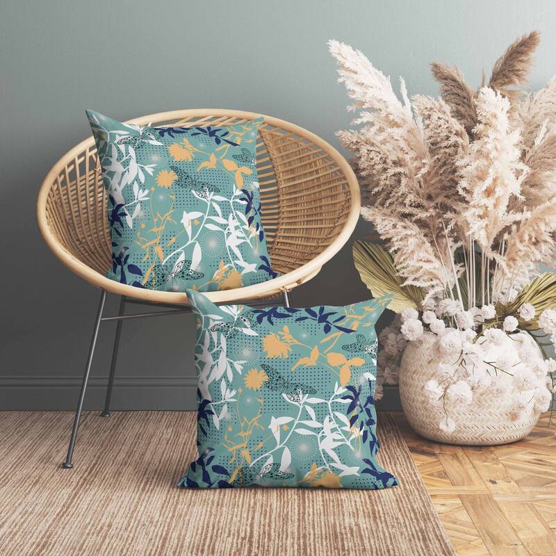 Butterfly Floral Orbit Indoor/Outdoor Reversible Throw Pillow Blue and Cyan