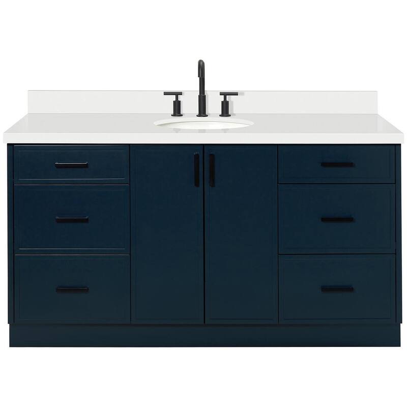 Ariel K67WQOVO Kelly 67" Free Standing Single Oval Basin Vanity Set - Midnight Blue / Pure White Quartz / Matte Black